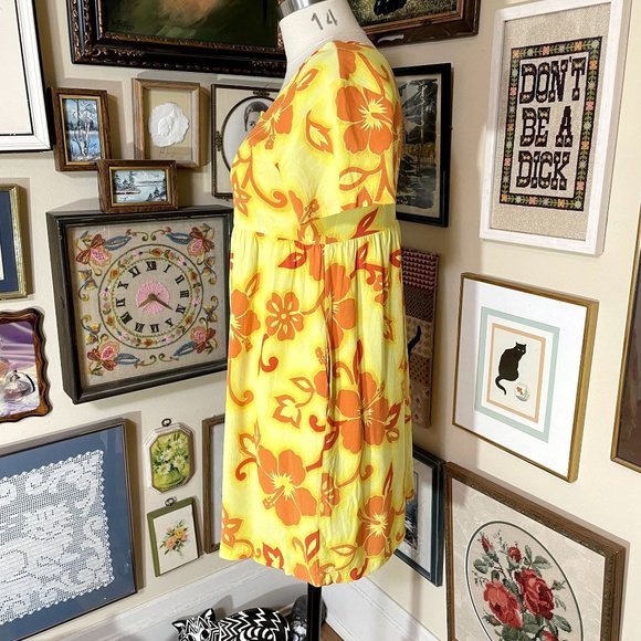 90s Vintage Big Hed Designs Yellow and Orange Hawaiian Floral Short Sleeve Dress - Picture 3 of 8